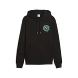 Buzo con capucha Puma, color negro, con bolsillo tipo canguro y estampado circular en el pecho que combina el logo de la marca con un diseño de rayos en color turquesa.