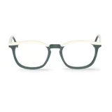 Anteojos de receta con armazón de acetato de forma redondeada, combinando color crema en la parte superior y verde hoja en la parte inferior.