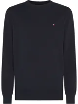 Sweater Tommy Hilfiger azul marino de tejido de punto con cuello redondo y logo bordado en el pecho.