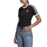 Remera negra de corte ajustado con cuello redondo y mangas cortas con ribete blanco. Presenta las tres líneas características de Adidas en color blanco sobre los hombros y el logo bordado en el pecho.