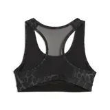 Top deportivo Puma modelo 4Keeps con diseño de espalda nadadora, confeccionado en tejido elástico con estampado animal print en tonos grises y negros. Presenta el logo de la marca estampado en el frente.