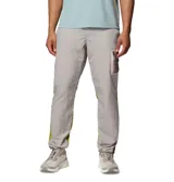 Pantalón cortavientos Columbia Challenger Windbreak Omni-Shield en color gris con paneles laterales en verde oliva y marrón, con dobladillo ajustable mediante cordón elástico.