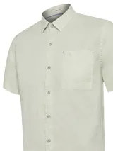Camisa de manga corta RKF confeccionada en lino orgánico, con cuello clásico, cierre frontal de botones y un bolsillo en el pecho con detalle bordado.