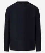 Remera de manga larga con cuello redondo y textura acanalada, confeccionada en una mezcla de poliéster y algodón.