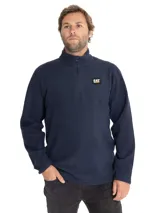 Buzo de polar tipo microfleece color azul marino, con cierre frontal de cuarto de longitud y cuello alto. Presenta el logo de la marca Caterpillar bordado en el pecho.