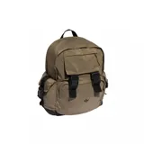 Mochila Adidas color marrón con diseño utilitario, cuenta con múltiples compartimentos, cierres frontales con hebillas negras y logo del trébol bordado en la parte inferior.