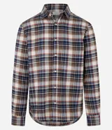 Camisa de flanela con estampado a cuadros en tonos beige, azul y rojo. Presenta cuello clásico, cierre frontal con botones y mangas largas con puños abotonados.
