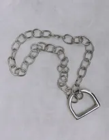 Collar plateado con cadena de eslabones grandes y dije dorado en forma de estribo.