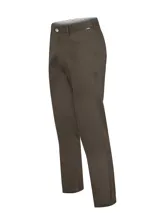 Pantalón de gabardina marrón RKF modelo Five, de corte recto y silueta contemporánea, con diseño de cinco bolsillos y tecnología elástica para mayor comodidad.