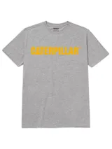 Remera de manga corta color gris melange con logo de la marca Caterpillar estampado en color amarillo en el pecho.