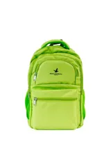 Mochila Santa Barbara modelo Nagoya de color verde lima, con múltiples compartimentos con cierre, bolsillos laterales de red y logo estampado en el frente.