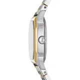 Reloj Fossil Harlow con caja octogonal de 27 mm y malla de acero inoxidable en tono bicolor plata y dorado. Presenta una esfera color crema con textura y números romanos negros.