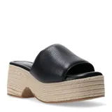 Zuecos de cuero negro con plataforma revestida en yute trenzado y suela de goma.