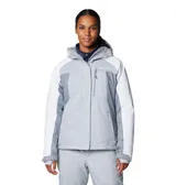 Campera Columbia Snowy Summit Ins Jkt de esquí, diseño impermeable con tecnología Omni-Tech y forro Omni-Heat termorreflectante, en color gris con paneles blancos y oscuros, capucha ajustable, bolsillos con cierre y cierre frontal con solapa.