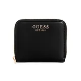 Billetera Guess modelo Laurel de formato compacto y diseño zip-around, confeccionada en material sintético color negro con textura lisa. Presenta el logo de la marca en letras metálicas doradas en la parte frontal y cierre perimetral con tirador metálico.