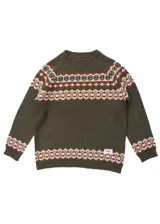 Buzo tejido en lana y acrílico color verde oliva con diseño geométrico en marrón y beige en el canesú, puños y ruedo.