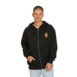 Canguro con cierre frontal de la marca Volcom, color negro, con capucha ajustable mediante cordones y bolsillos tipo canguro. Presenta un pequeño estampado gráfico en el pecho izquierdo.