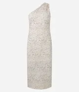 Vestido midi color crema con estampado floral, escote asimétrico de un hombro y corte ajustado.