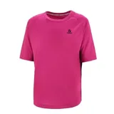 Remera deportiva fucsia de corte holgado, cuello redondo y mangas cortas. Logo de Topper estampado en el pecho.