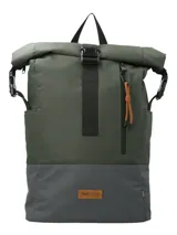 Mochila RKF de diseño roll-top en color verde oscuro y gris, confeccionada en poliéster reciclado repelente al agua. Cuenta con cierre de hebilla frontal, bolsillo vertical con cierre y mosquetón decorativo, y parche de cuero sintético con logo de la marca.