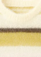 Jersey de punto fino semitransparente con mezcla de alpaca, cuello redondo, diseño recto y mangas largas, con patrón de rayas horizontales en tonos beige, verde oliva y marrón oscuro.