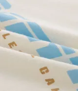 Remera de corte oversized color blanco, con cuello redondo y manga corta. Presenta una estampa frontal temática de Argentina en tonos celestes y dorados, que incluye el número 10, un sol y detalles gráficos tribales.