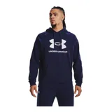 Buzo con capucha Under Armour, modelo Rival Fleece, color azul marino con logo de la marca estampado en blanco en el pecho. Cuenta con bolsillo canguro delantero, mangas largas con puños acanalados y cordones ajustables en la capucha.