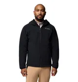 Campera técnica Columbia Titanium con capucha, diseñada para actividades al aire libre. Presenta cierre frontal completo, bolsillos con cremallera en pecho y laterales, y tecnología Omni-Heat para aislamiento térmico y Omni-Shield para repelencia a líquidos y manchas.