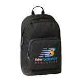 Mochila negra con logo de New Balance en colores celeste, naranja y fucsia.