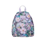 Mochila JanSport Half Pint con estampado de flores pixeladas en tonos pastel y detalles en lila.
