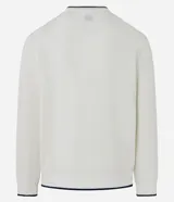 Remera de manga larga azul marino con textura vertical, cuello redondo y puños con ribetes blancos.