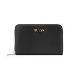 Billetera Guess modelo Katy, color negro con textura saffiano y letras doradas de la marca en el frente. Cuenta con cierre perimetral dorado y tirador metálico.