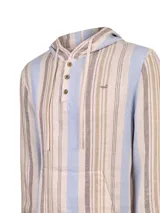 Buzo de lino RKF para hombre, con capucha, cordón ajustable, cierre frontal parcial con botones y bolsillo tipo canguro. Presenta un diseño de rayas verticales en tonos beige, celeste y marrón claro.