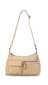 Cartera bandolera color marrón con correa ajustable, dos compartimentos principales con cierre, un bolsillo frontal con cierre y un bolsillo frontal con solapa y botón.