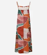 Vestido midi Marfinno de viscosa con estampado geométrico multicolor, escote en U con detalle fruncido, breteles finos y corte amplio de caída fluida.