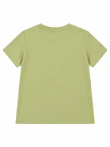 Remera color lila con estampa tipográfica marrón en el frente y mangas cortas.