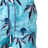 Short de baño Billabong de color celeste con estampado tropical de palmeras y atardecer, con cintura elástica y cordón ajustable.