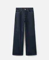 Jeans de tiro medio con diseño de corte recto y holgado, confeccionados en denim azul oscuro con costuras en contraste.