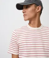 Remera masculina de corte regular, confeccionada en mezcla de algodón y poliéster, con cuello redondo, manga corta y rayas sutiles en relieve.