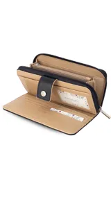 Billetera larga de diseño rectangular con cierre perimetral y solapa frontal con broche a presión. Cuenta con múltiples compartimentos internos para tarjetas, billetes y un monedero con cierre.