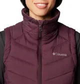 Chaleco acolchado Columbia con tecnología Omni-Shield que repele la humedad y aislamiento térmico sintético. Presenta cierre frontal completo, cuello alto forrado, bolsillos laterales con cremallera y logo de la marca bordado en el pecho.