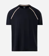 Remera deportiva Get Over de poliéster y elastano, color negro, con tecnología dry, cuello redondo y mangas cortas de corte raglán con detalles de líneas en contraste.