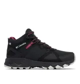 Bota de senderismo impermeable Columbia modelo Peakfreak Hera Mid Outdry, en color negro con detalles en bordó y suela blanca y negra. Confeccionada con empeine transpirable, tecnología de amortiguación Techlite+ y suela de gran tracción Adapt Trax.