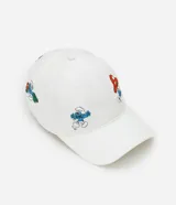Gorra blanca de algodón con visera curva, estilo dad hat, con ajuste trasero de hebilla y bordados de personajes de Los Pitufos.