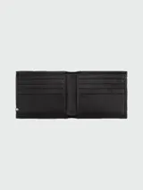 Billetera plegable de cuero negro con logo de la marca grabado y detalle de costura tricolor en el lateral.