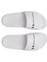 Sandalias Under Armour W Armr Slide Lite de color blanco, fabricadas en EVA moldeada de una sola pieza. Presentan una tira superior con textura en relieve y el logo de la marca en negro.
