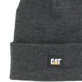Gorro beanie Caterpillar de punto acanalado color negro, con vuelta y parche frontal de goma con el logo de la marca.