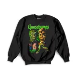 Buzo negro de cuello redondo y manga larga con estampado gráfico frontal de la serie Goosebumps, incluyendo personajes icónicos y tipografía en color verde neón.