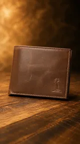 Billetera Duxon de cuero marrón, de diseño clásico y rectangular, con costuras decorativas en los bordes y un pequeño logotipo grabado en relieve en la esquina inferior derecha.
