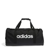 Bolso Adidas Linear Duffel negro con logo blanco.
